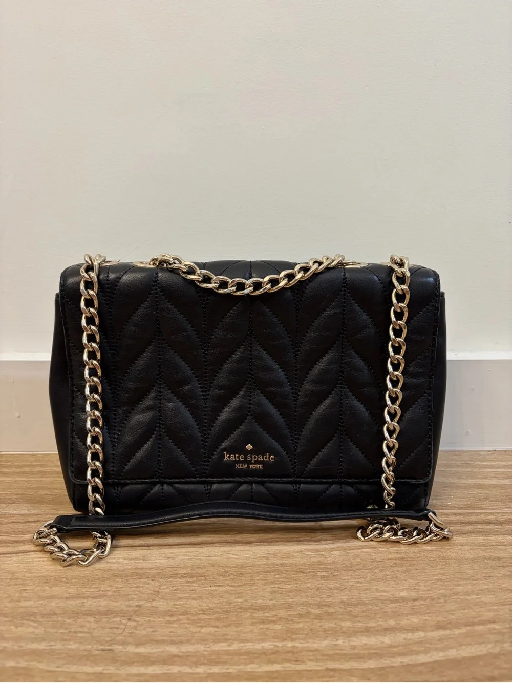 kate spade Black Quilted Leather Crossbody with Gold Chain